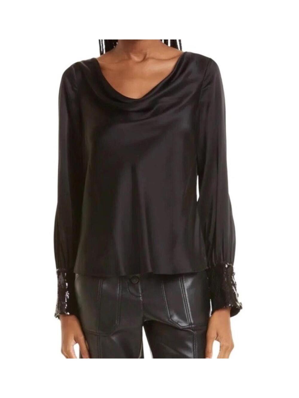 New Cinq à Sept Rue Sequin Accent Cowl Neck Silk Blouse in Black Size S